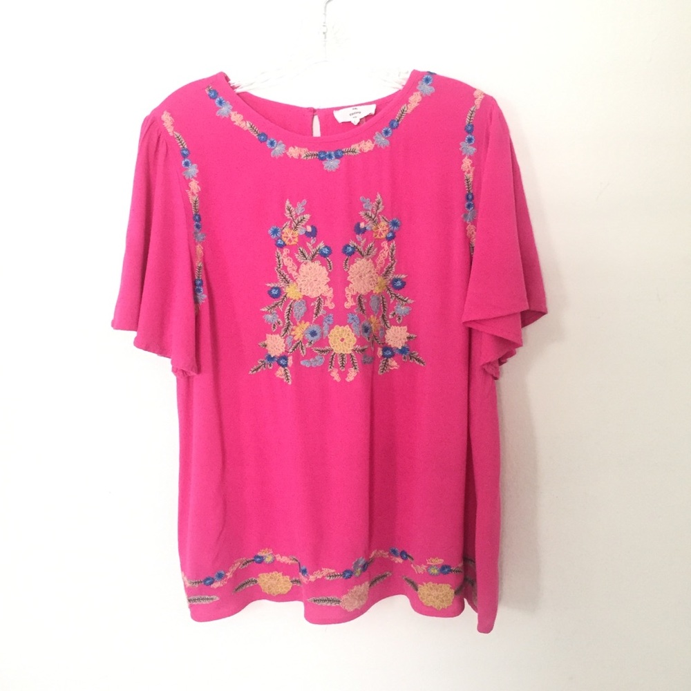 ENTRO Embroidered Boho Hot Pink Fuschia Top Large